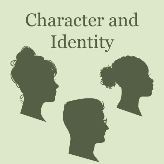three silhouettes of heads in profile under the words "character and identity"