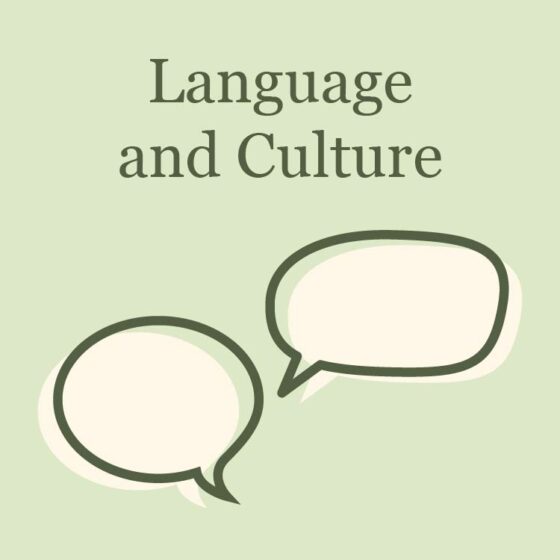 two speech bubbles below the words "language and culture"