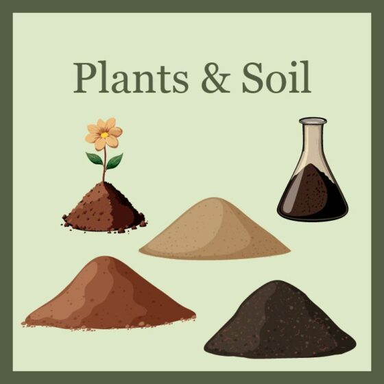three piles of soil (loam, clay, and sand) next to a flask of soil and a flower growing from soil